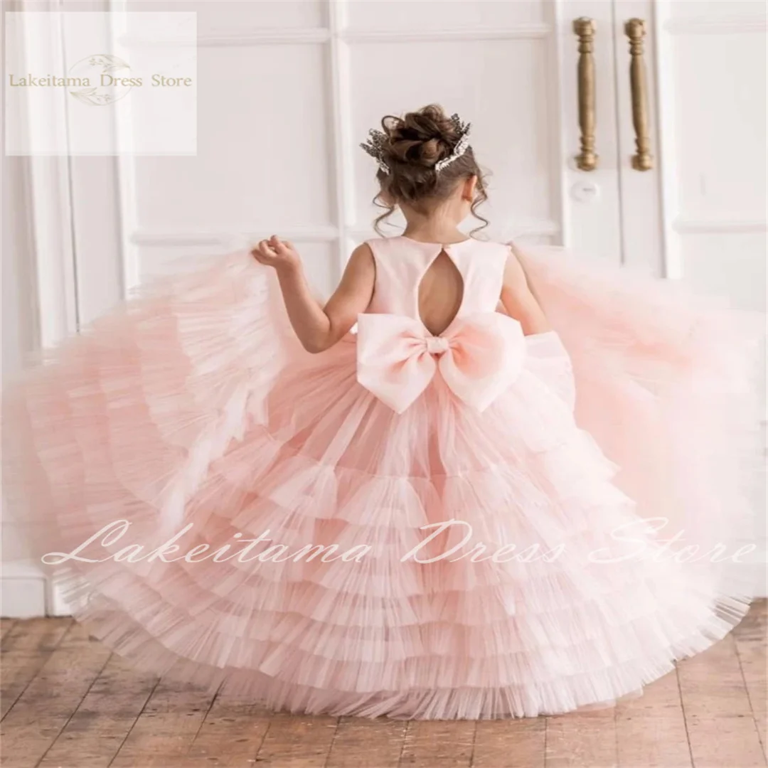 Pink Flower Girl Dress For Wedding Layered Sleeveless Tulle Puffy With Bow Birthday Party Ball Princess First Communion Gowns