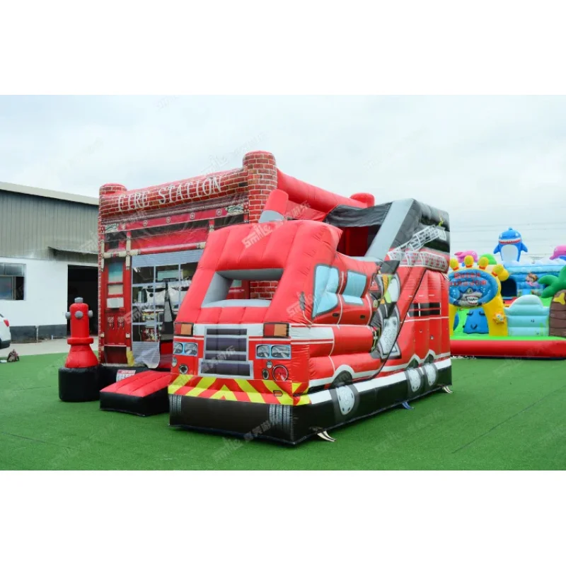Outdoor EN14960 Certified 2-Person PVC Tarpaulin Inflatable Bouncer Commercial Fire Fighter Truck Station Jumping Castle