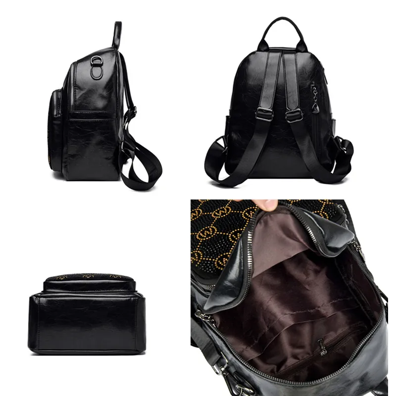 حقيبة ظهر نسائية سوداء جديدة ذات علامة تجارية مصممة بجودة عالية من جلد البولي يوريثان الناعم حقيبة ظهر عصرية ذات سعة كبيرة حقيبة كتف وقت الفراغ