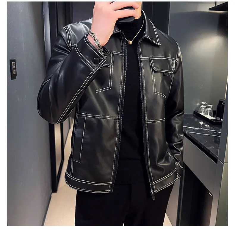 Men's Motorcycle Leather Jacket Stand Collar Solid Black PU Top Trend Windproof Streetwear Faux Leather Coat Spring Autumn Style