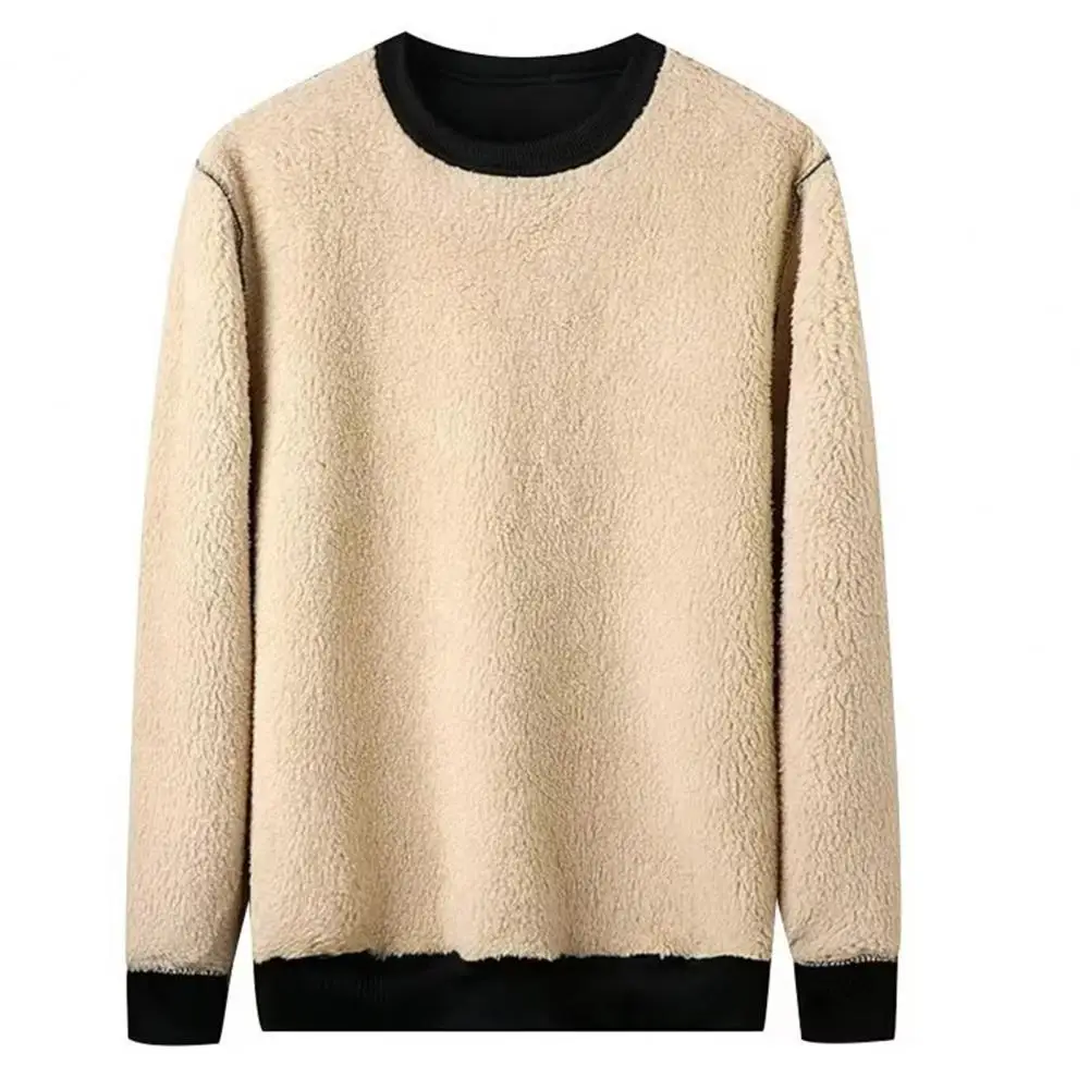 Winter Men Sweatshirt Thickened Plush Keep Warm O Neck  Bottoming Top Solid Color Long Sleeves Elastic Cuff Sweatshirt