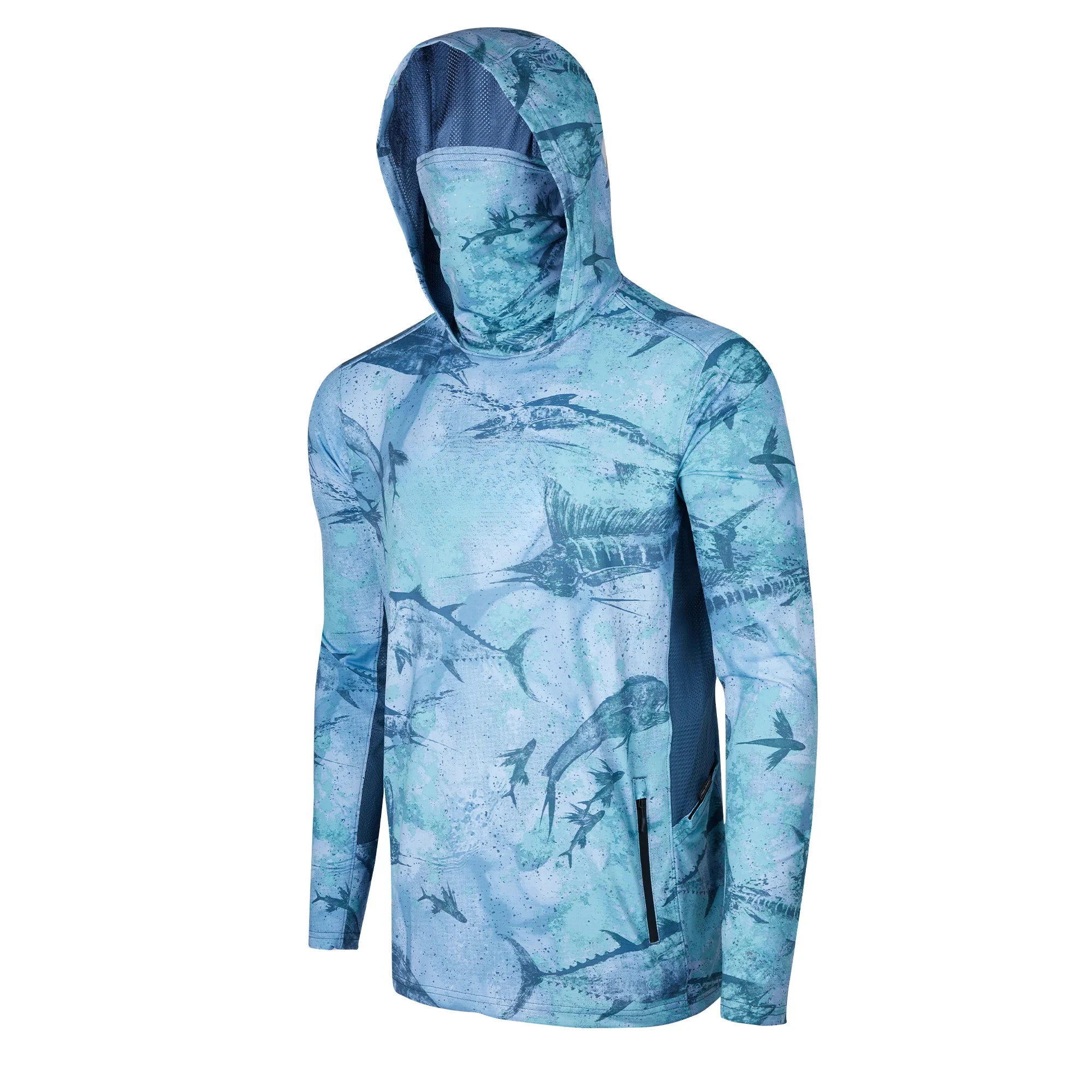 Ocean Camouflage Men Fishing Hooded Shirt  Proof Face Cover Quick Dry Mesh Side Breathable Fisherman Long Sleeve Sport Shirts