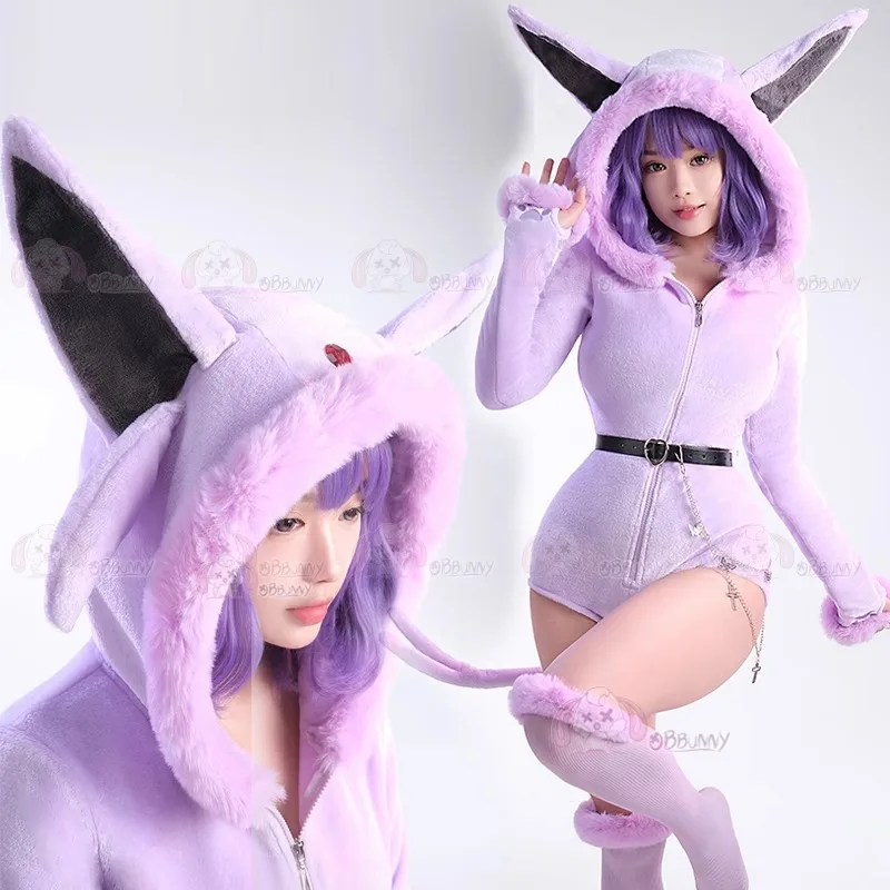 Sexy Romper Pajama Purple Furry Long Sleeve Hooded Bodysuit Jumpsuit with Tail Belt Socks Sexy Lingerie Bodysuit Bunny Girl