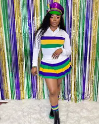 Women Mardi Gras Long Sleeve Shirt Skirt 2 Piece Set Outfits Ladies Mardi Gras Clothing Top Apparel Clothin For 2025