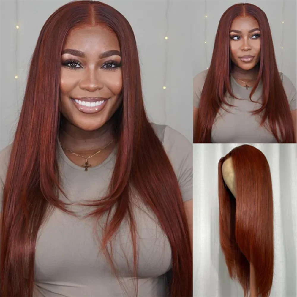 Layered Cut Wig Reddish Brown 13x4 Synthetic Lace Wigs For Women Straight Glueless Pre Plucked Hairline Cosplay Party Fiber