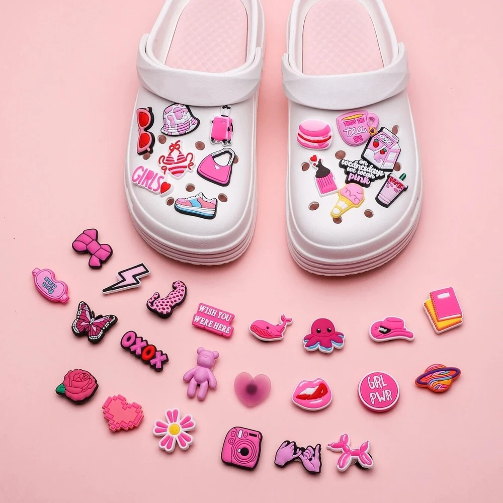 36pcs Pink Gril Shoe Charms For Clogs Bubble Slides Sandals PVC Shoe Decorations Accessories Gift