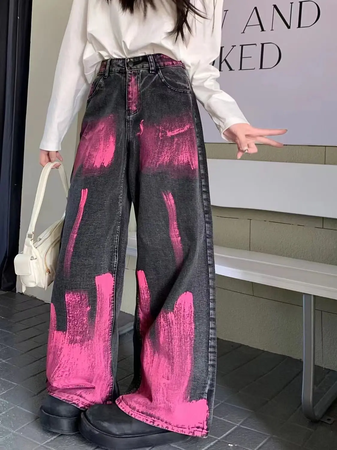 High Waist Retro Wide Leg Trousers Graffiti Tie-Dye Design Loose Fit High Street Jeans
