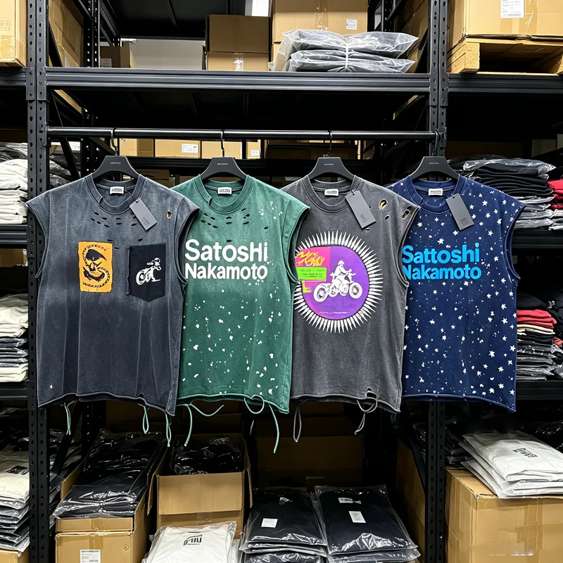 Hip Hop Streetwear Satoshi Nakamoto Rolled Edge T Shirt Men Women Washed Distressed Short Sleeve Loose Sleeveless Tank Tops