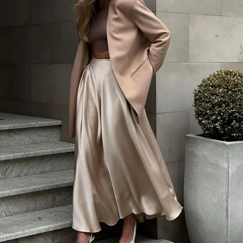 

Elegant Satin Loose Women Skirt High Waist Maxi Skirts Streetwear Classic Vintage Long Skirt Fashion Temperament Female Skirt