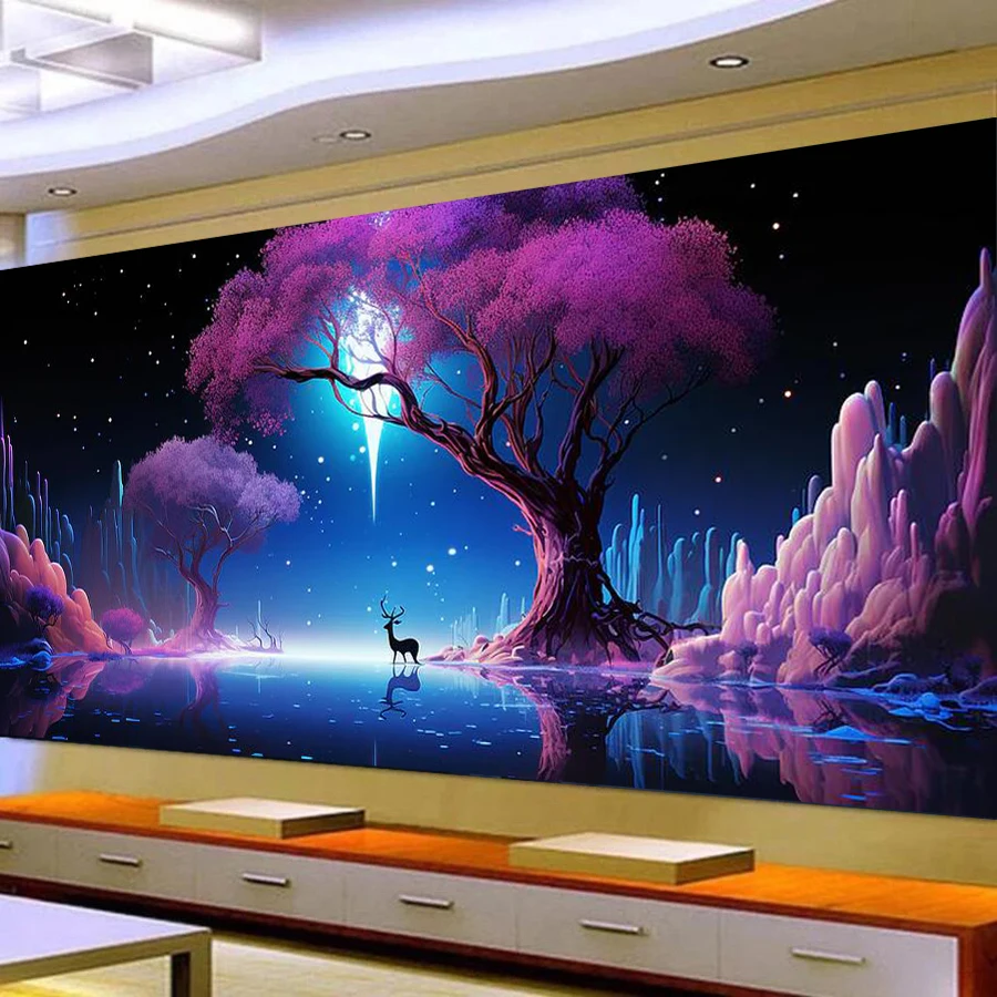 

Fullcang Large Size Diamond Painting Purple Tree Landscape Diy Full Mosaic Embroidery Romantic Scenery Deer Picture Wall Decor