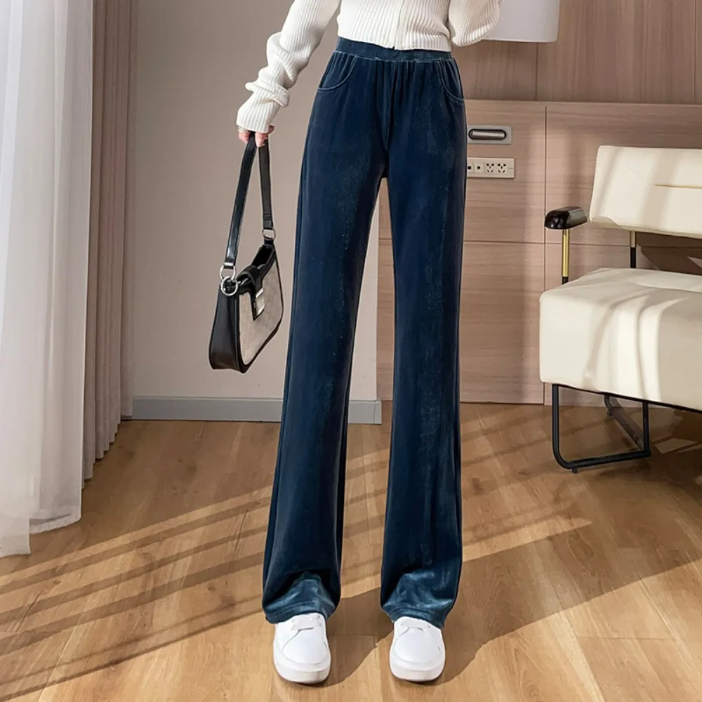 レディースベルベットワイドレッグパンツ、2025年ナローフィットハイウエストドレープ効果付きトラウザーズ |   黒色のスリムストレート