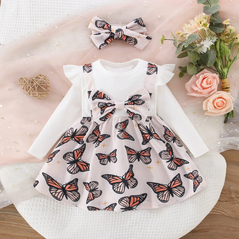 Spring and Autumn New 2/piece Long Sleeve Girls\' Dress with Printed Headband Female Baby Long Sleeve Splicing Bow Strap Dress