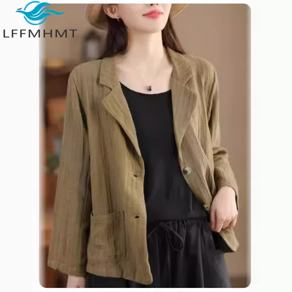 Winter Fall Fashion Women's Long Sleeve Linen Suits Coats Office Lady Solid Color Simple Basic Multi-Pockets Casual Workwear Top