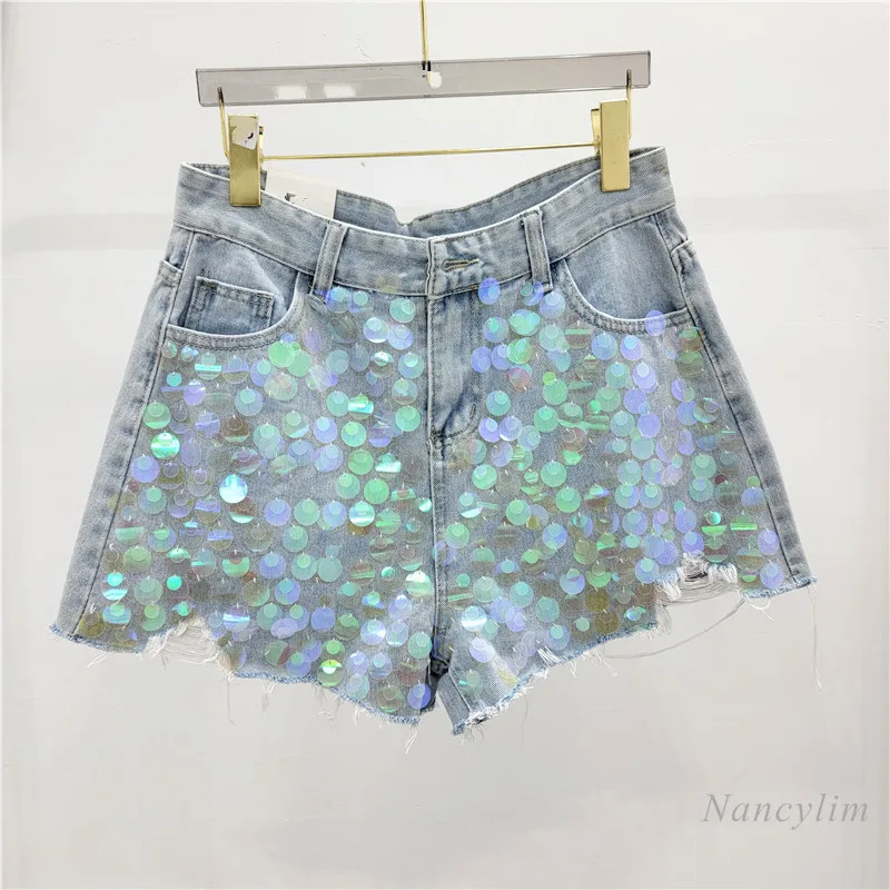 

European Street Summer New High Waist A- Line Wide Leg Denim Shorts Women's Fashionable Sequin Tassel Ripped Slimming Hot Pants