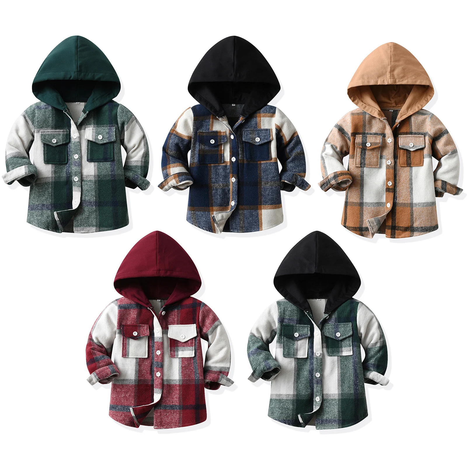 Baby Boy Girls Soft Cotton Shirt Coat Flannel Hooded Plaid Long Sleeve Button Down Pockets Shirt Top Coat