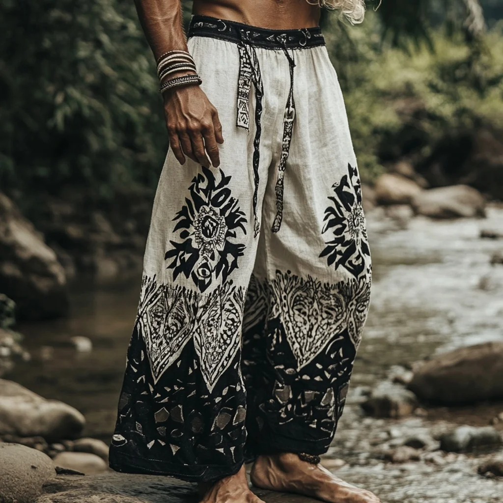 Men's Vintage Knight Sword Print Drawstring Pants, Casual Tactical Wide Leg Pants for Summer Outings