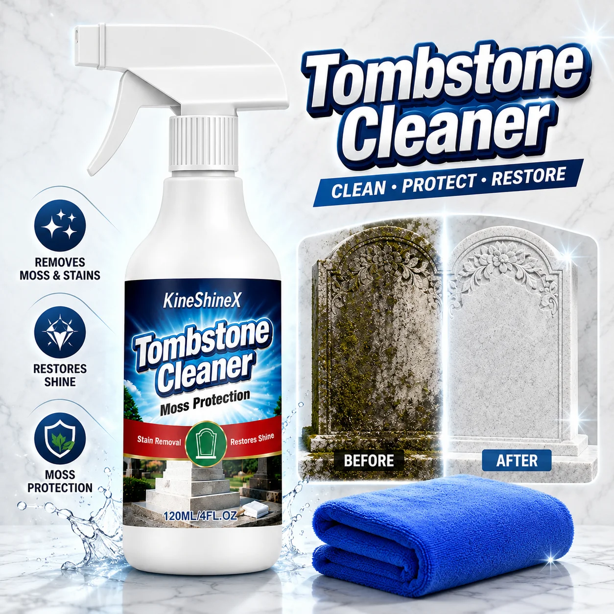 120ml Tombstone Cleaner Spray with Microfiber Cloth, Moss Stain Remover for Granite Marble Headstones Memorial Stone Care