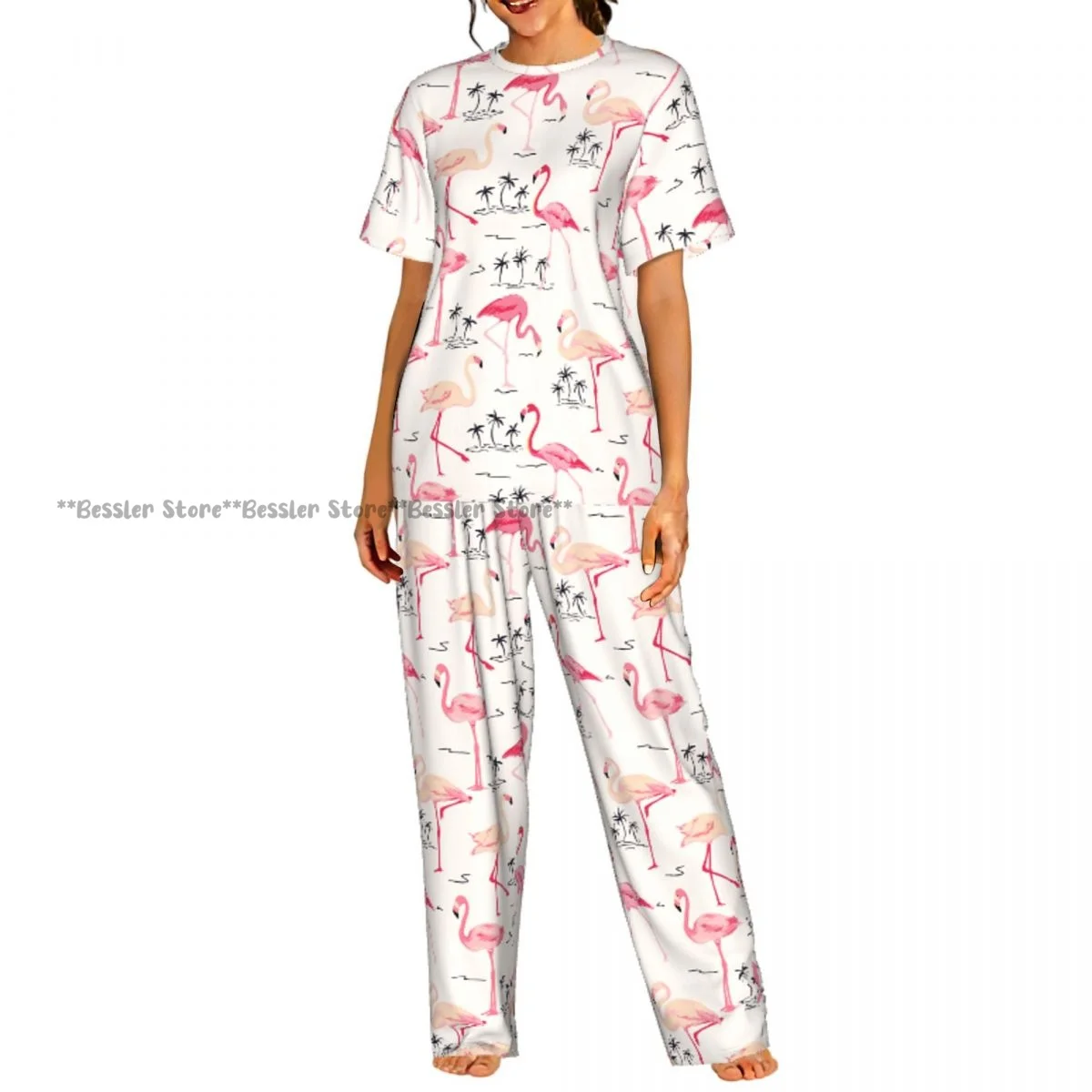 Flamingo Bird Retro Palm Tree Pajamas Set Short-sleeved Women Home Clothing