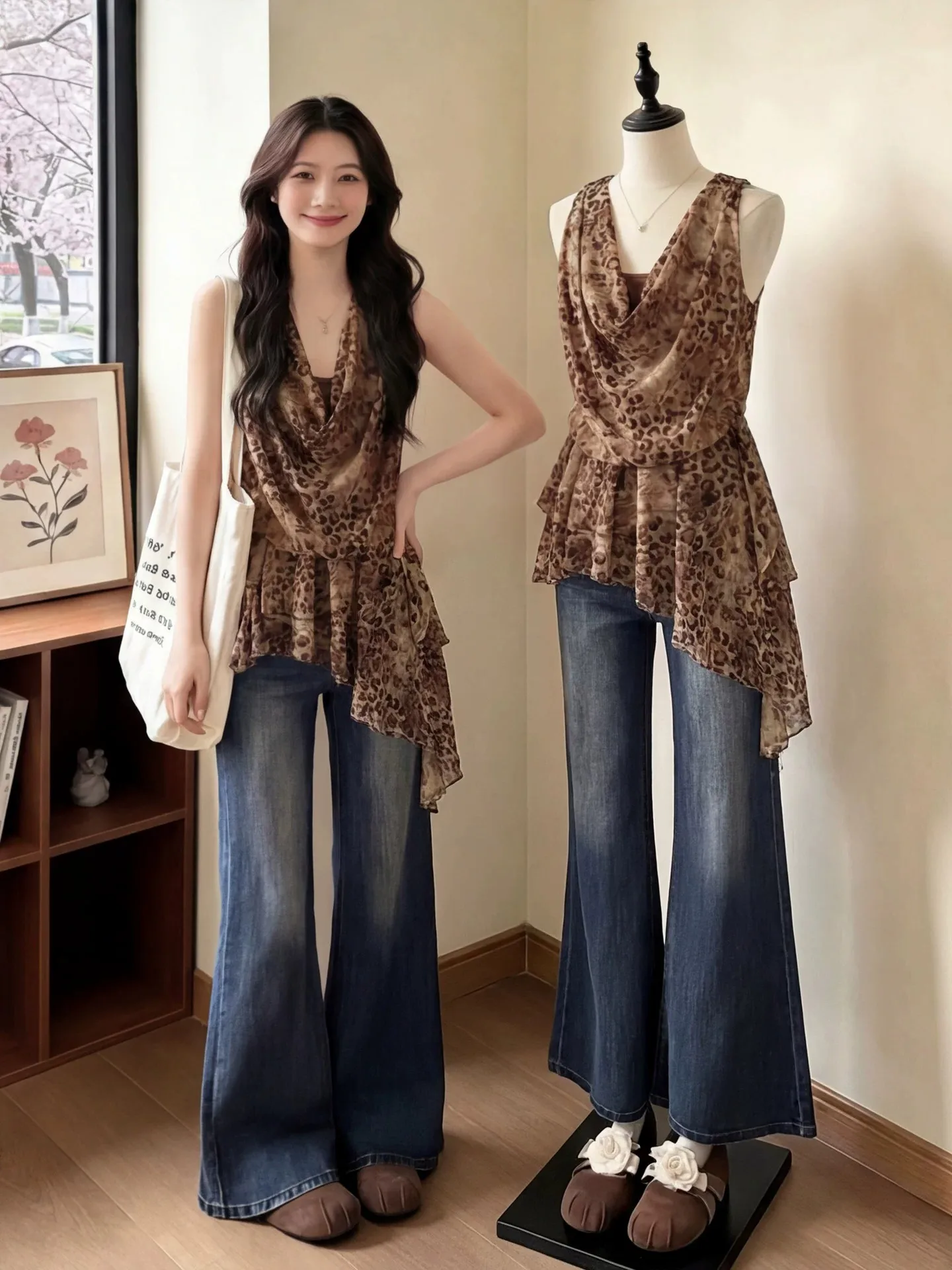 Retro Leopard Print Midi Chiffon Top Women Summer Wasteland Style Asymmetrical Hemline Cover Butt Top Korean Casual Slim Fit