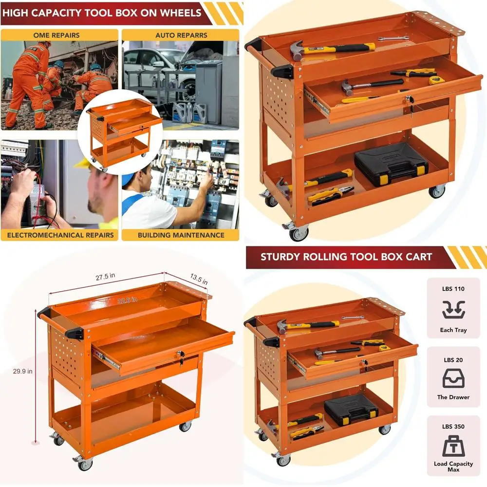 

Оранжевая 3-уровневая передвижная тележка для инструментов с регулируемыми полками для мастерской и гаража