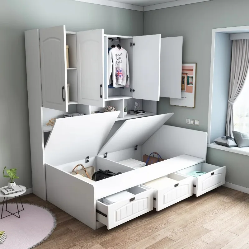 Space-saving Tatami Double Bed: Wood Storage Box Bed (1.2/1.35/1.8m), Custom Wardrobe-integrated Bed