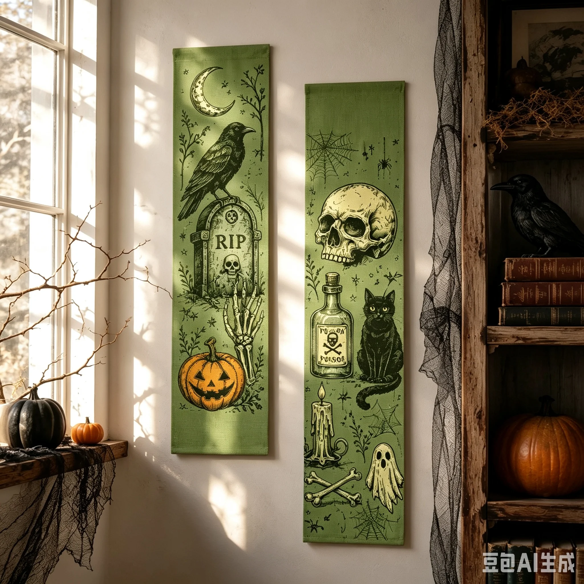 1pc Halloween Skull Crow Vertical Tapestry,Tombstone Pumpkin Black Cat Ghost Print,for Bedroom Living Room Halloween Party Backd