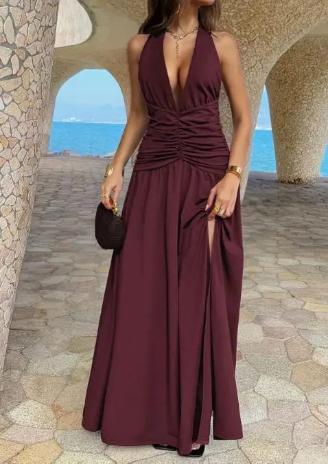 

Women's Dress Summer Tailored Deep V-Neck Waist Cinched High Slit Backless Design Sexy Hanging Neck Dress Suitable for The Beach
