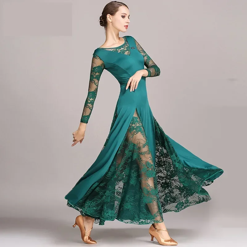 

waltz tango dance dresses standard dress black red blue green Sexy lace ballroom dance dress for woman long sleeves