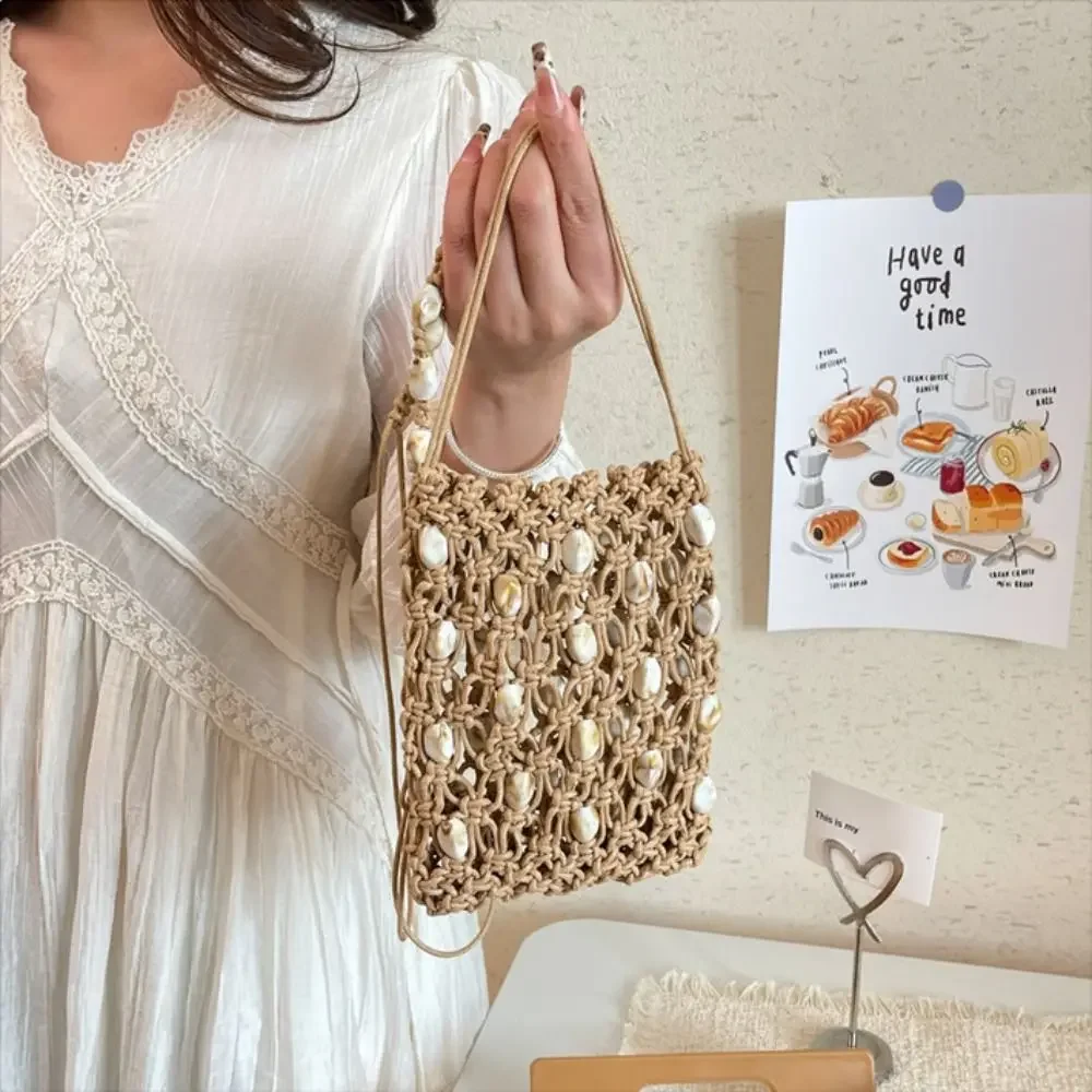 

Hollow-out Crossbody Phone Bag Large Capacity Versatile Woven Crochet Bags Lightweight Handmade Beaded Bag for Beach Vacation