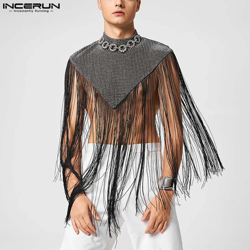 INCERUN Men Tank Tops Tassel Patchwork Shiny Turtleneck Sleeveless Irregular Cloak Cape Men Streetwear 2025 Fashion Thin Vests