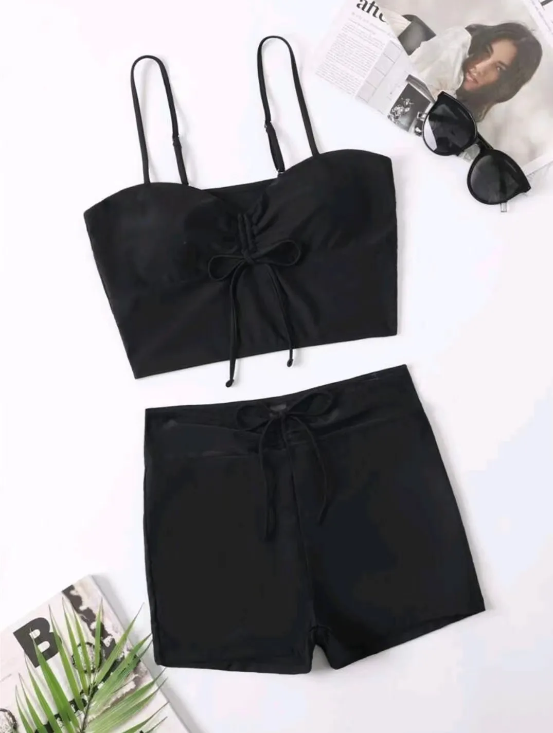 2025 New European and American Bikini Swimsuit Women's Sexy Solid Color Split High Waist and Belly Covering Swimsuit