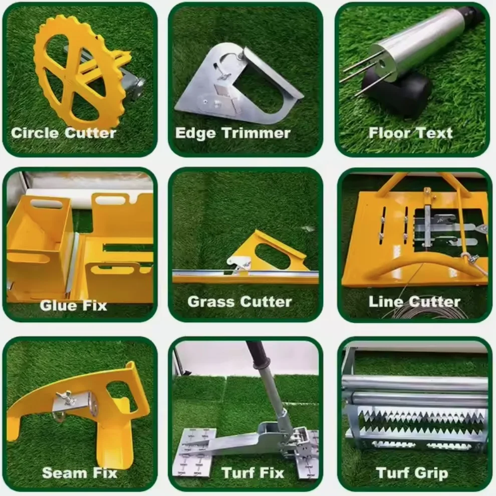 Tools for installing artificial grass include a marking knife, a trimmer, and a lawn fixing clip for the mower (optional)