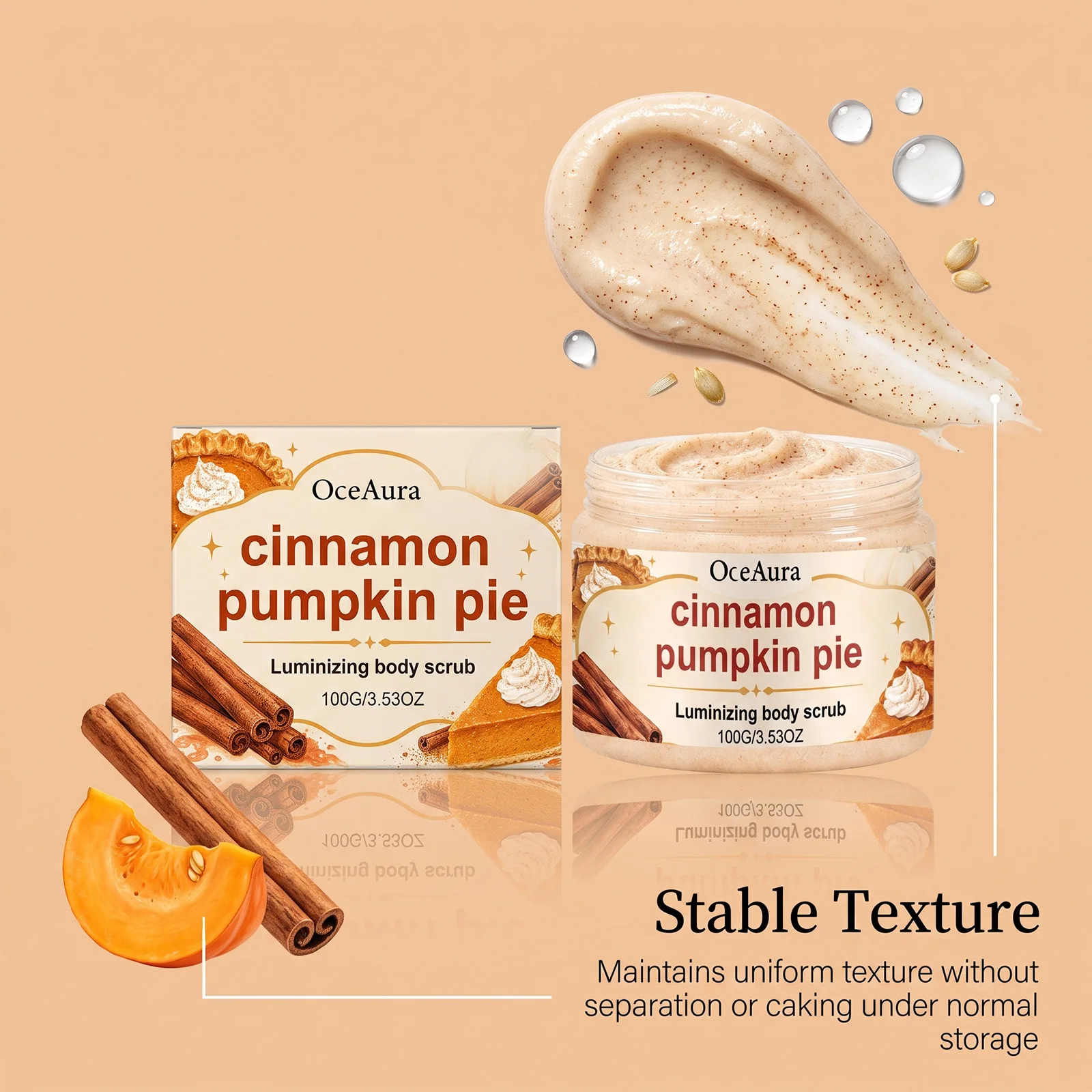 Oceaura Cinnamon Pumpkin Pie Body Scrub Gentle Exfoliating Soften Smooth Skin Brightening Fragrance Easy Rinse 100g