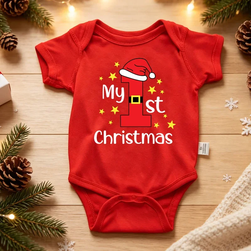 My 1st Christmas Baby Bodysuit Short Sleeve Red Santa Hat Print Newborn Romper Infant Xmas Outfit Christmas Photography Clothes