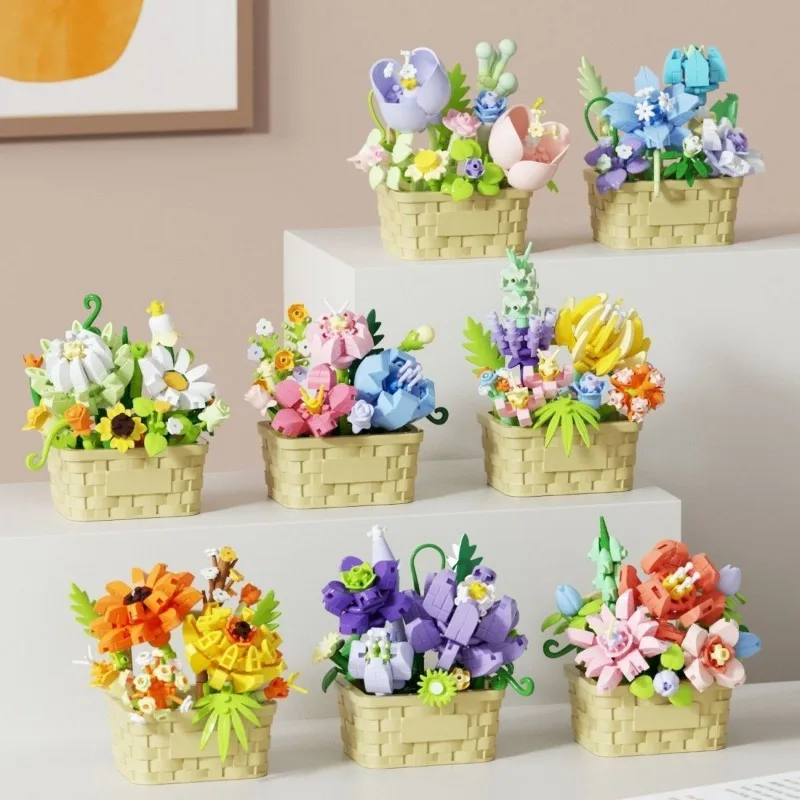 Mini Flower Basket Building Blocks, Mixed Flowers Eternal Flower Micro Bricks, Desktop Decor Ornament, DIY Assembly Gift