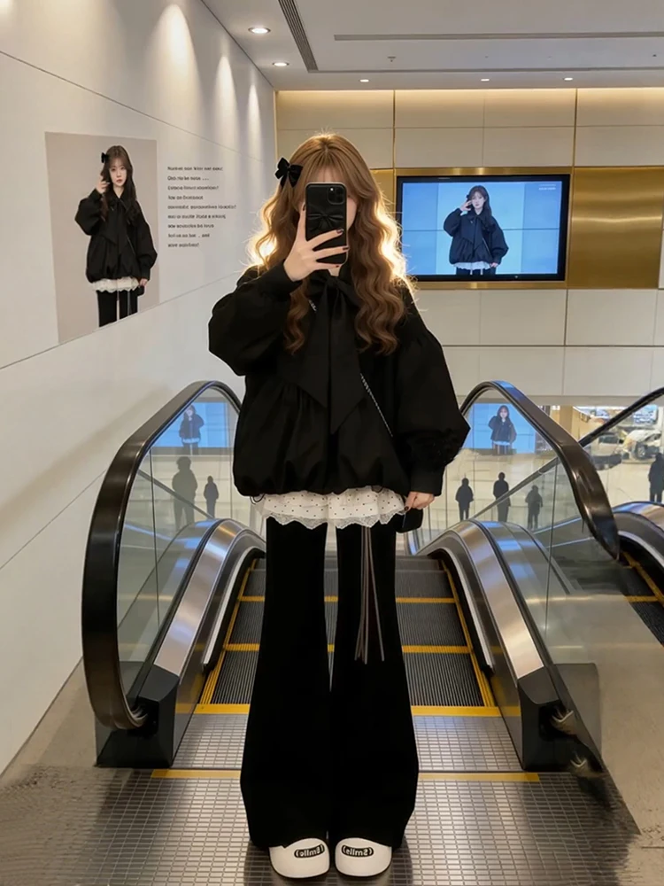 

Winter Faion plus Size Women's down Cotton Jaet And Flared Pants Set Warm Cozy Tee Piece Suit Korean Sle Casual Wear