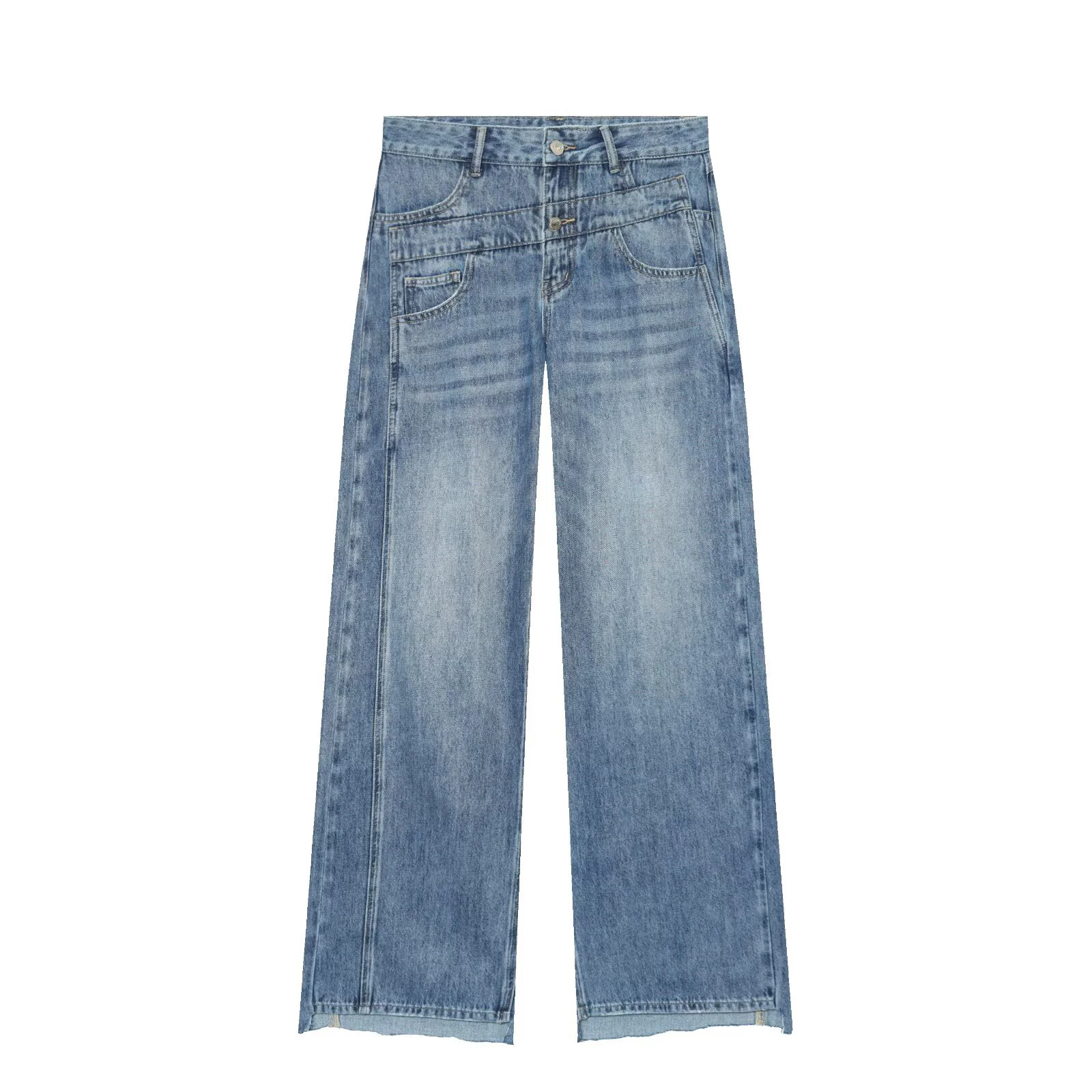 European and American style winter new women's clothing simple and fashionable high waisted double-layer waist wide leg jeans