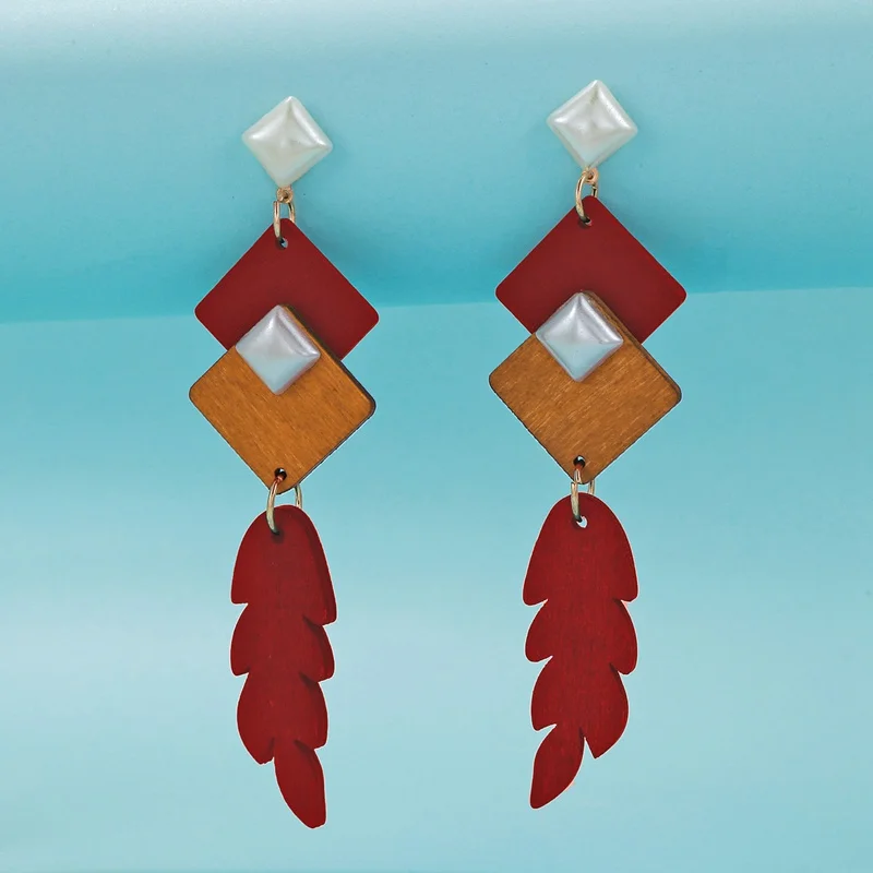 Ethnic Wood Leaf Drop Earrings Women Geometric Long Dangle Earring Vintage Jewelry for Party