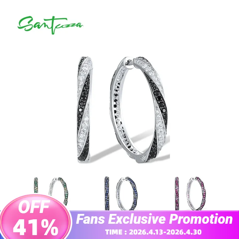 

SANTUZZA Pure 925 Sterling Silver Earrings For Women Round Gradient Green/Blue/Red Stones Hoop Earrings Classic Fine Jewelry