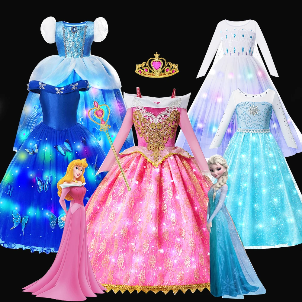 

Disney Frozen Elsa Princess Dress For Girl With LED Light Up Sleep Beauty Aurora Children Costume Fancy Carnival Party Vestido