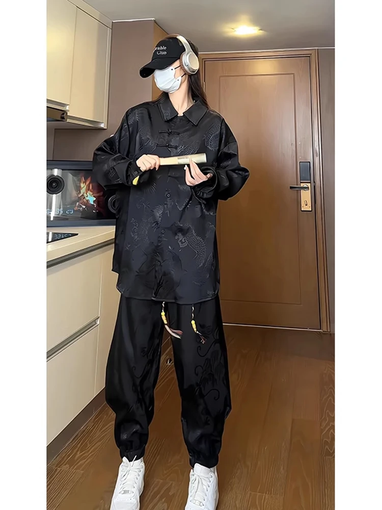 New Chinese Sle Men's Long Sve irt Set with Dragon Pattern Premium Feel Autumn Wear Clete Tang Costume Ensemble