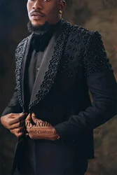 Luxury Men Suits With Beaded Crystal Groom Wedding Tuxedos 2 Pieces Sets Male Prom Party Blazer Customized Slim Fit ropa hombre