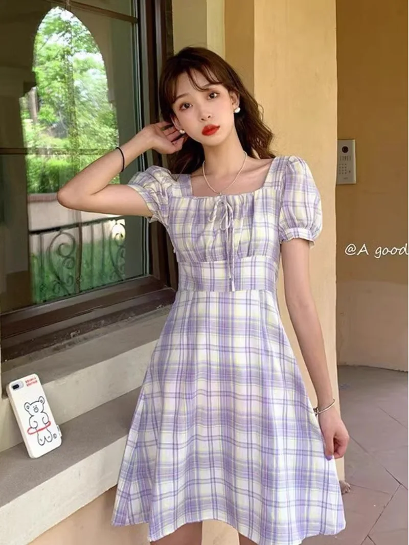 2024 Spring/Summer New Fresh Simple Sweet Plaid Fashion Women's Lantern Sleeves Fairy Super Immortal Forest Series Dress XUVP