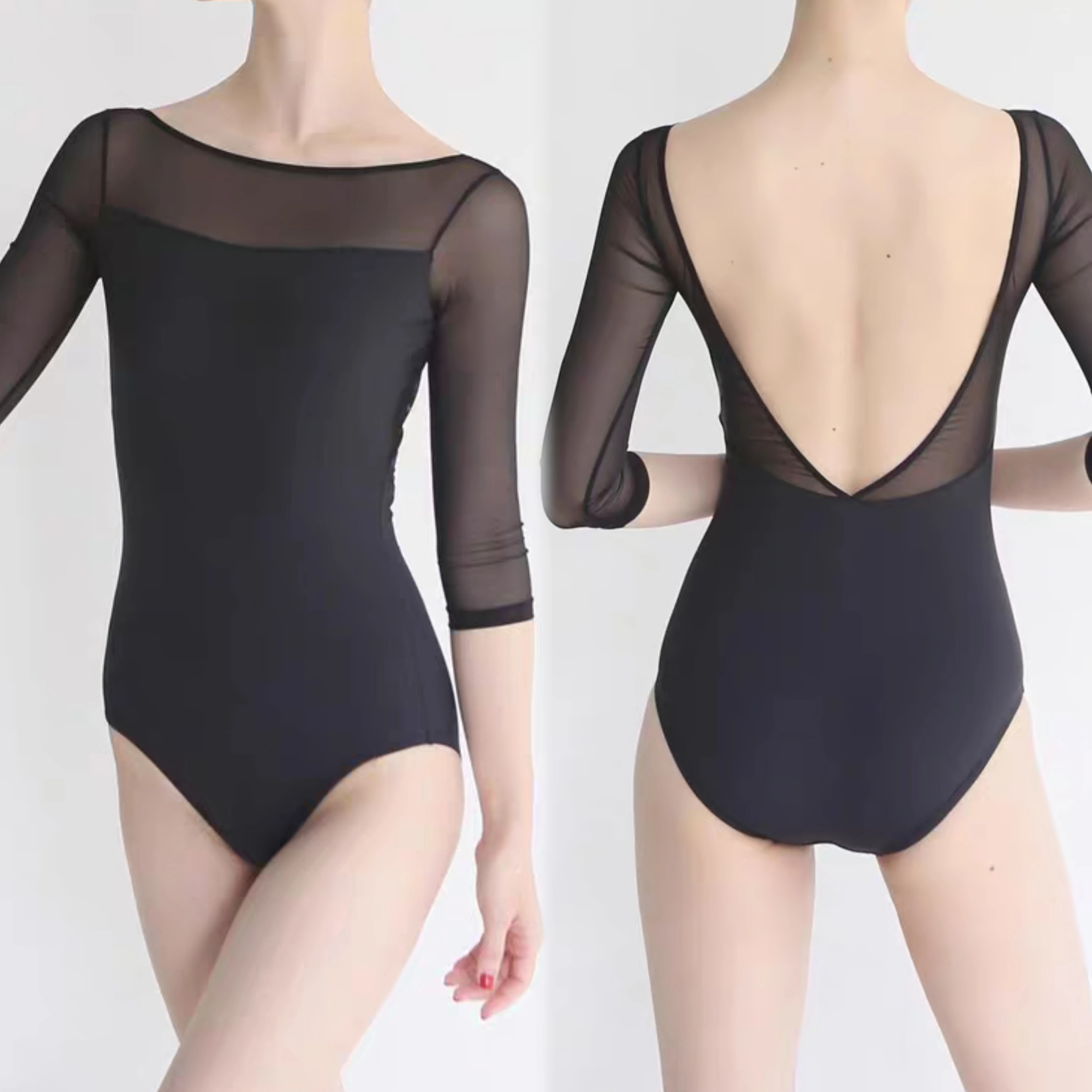

Girls' ballet jumpsuit with mesh stitching and three quarter sleeves, dance bodysuit, yoga suit