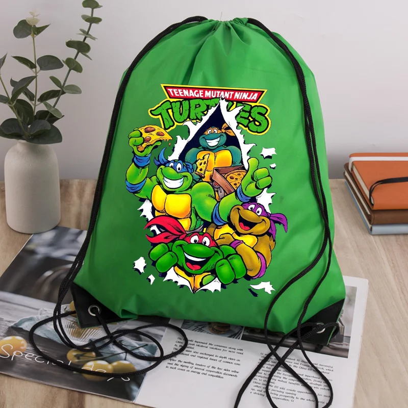 Teenage Mutant Ninja Turtles Drawstring Pockets Tote Bag Green Large Capacity Drawstring Bags Watertight Shopping Knapsack Gift