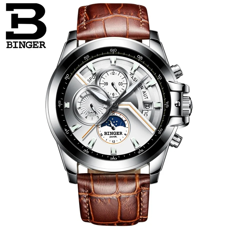 Binger Top Brand For Men Business Automatic Wristwatches Sports Mechanical Coated Glass Moon Phase Chronograph Relogio Masculino