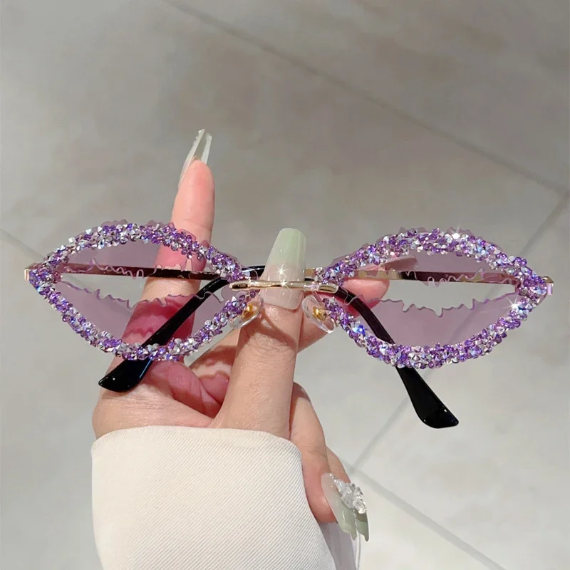 KAMMPT Rimless Lips Shaped Sunglasses with Rhinestones Trendy Women Stylish Vintage Decor Shades Trendy Funny Rave Sun Glasses