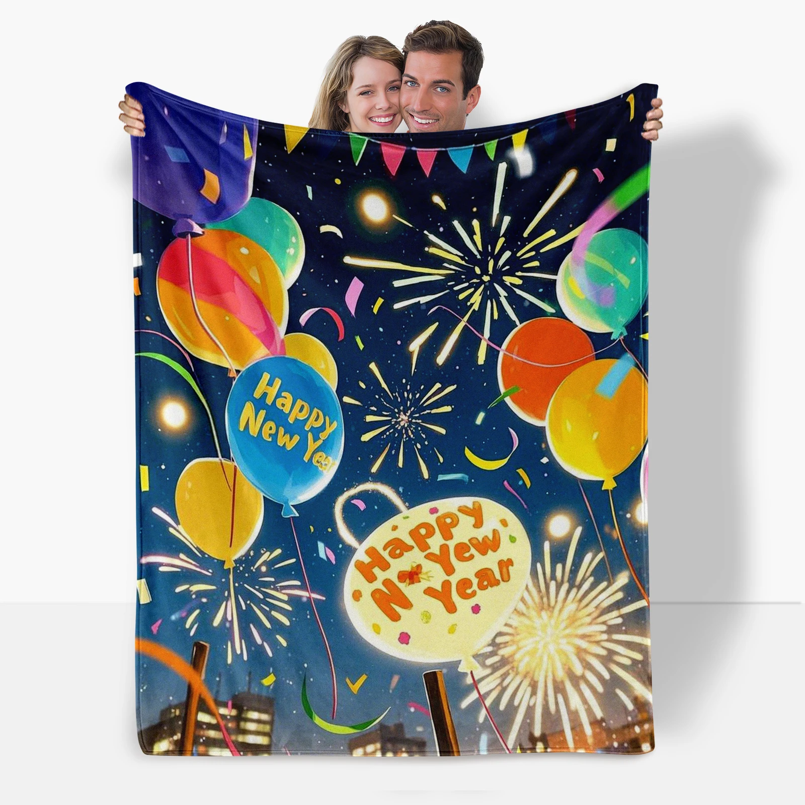 Exquisite New Year Offering Flannel Blanket With Lovely Cartoon Characters, Balloons, And Fireworks