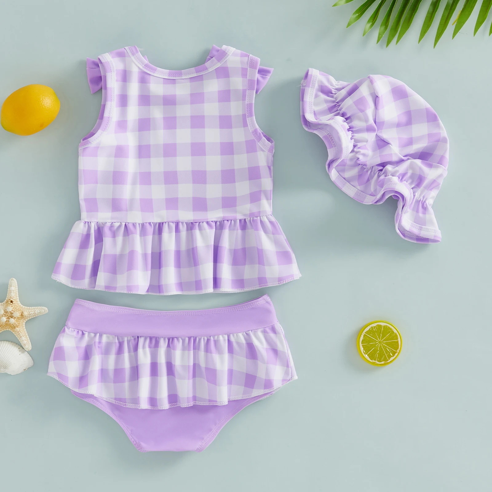 Toddler Baby Girl Swimwear 3Pcs Set Printed Sleeveless Ruffled Swim Tops Shorts with Sun Cap Bathing Suit for Pool Beach