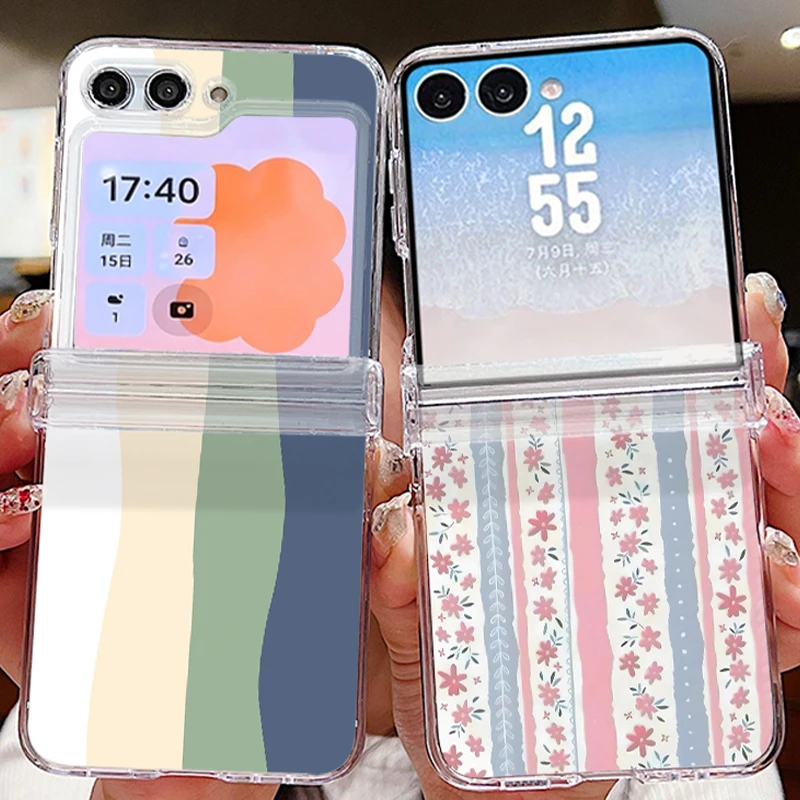 Colorful Striped Pattern Clear Phone Case For Samsung Galaxy Z Flip 7 6 5 4 3 5G Flip7 Flip6 Flip5 Shockproof Folding Hard Cover